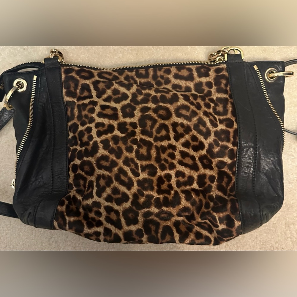 MICHAEL KORS Size Large Black Stanthorpe Satchel Leopard Print Calf Hair w/ Gold - Picture 5 of 7